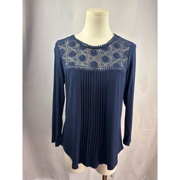 Daniel Rainn Womens Petite Small Navy Blue Lace Yoke Top Blouse - Picture 2 of 6
